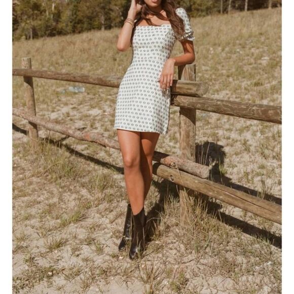 FORE Quinn Everyday Linen Puff Sleeve Square Neck Cream Patterned Mini Dress L - Picture 4 of 15